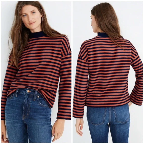 Madewell Striped Mockneck Boxy Top XXS navy blue orange shirt cotton - Picture 1 of 8
